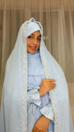 خرید چادر عروس آبی کمرنگ برای بله برون از شوروم اچ جی