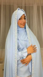 خرید چادر عروس آبی کمرنگ برای بله برون از شوروم اچ جی
