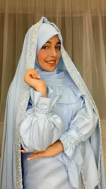 خرید چادر عروس دور جواهردوزی رنگ آبی از شوروم اچ جی