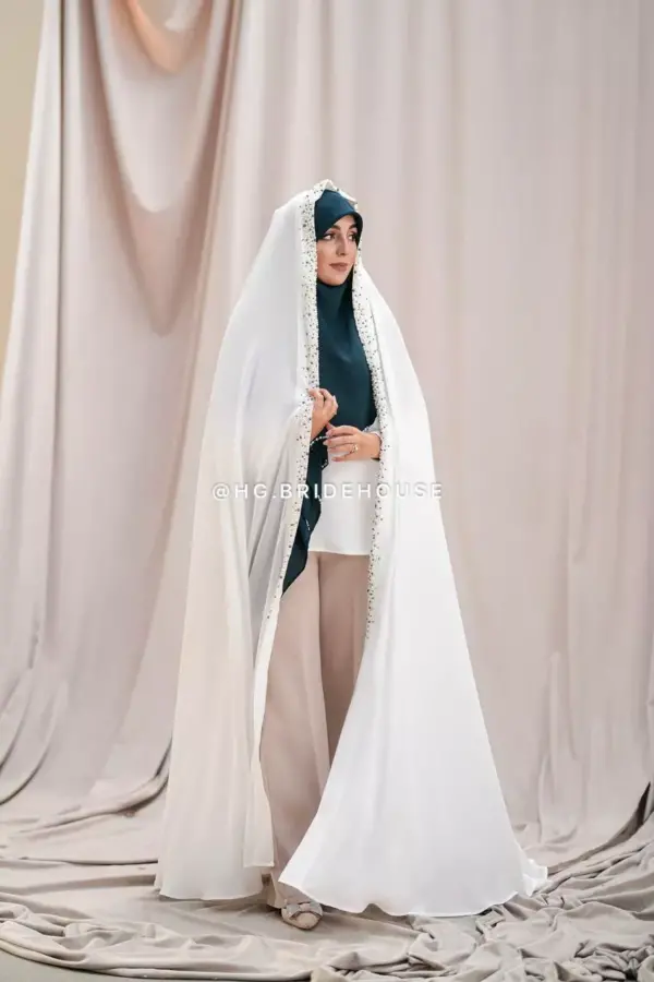 خرید چادر عروس جنس کرپ حریر رنگ سفید از شوروم اچ جی